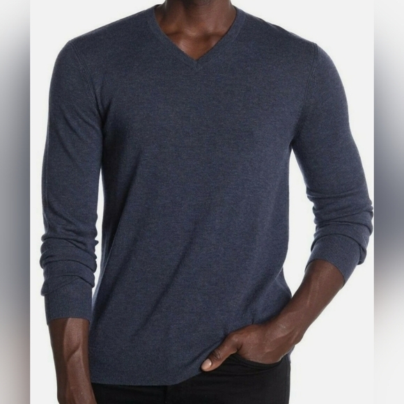 Theory Men's XL Riland V-Neck Long Sleeve Wool Pullover Sweater In Indigo